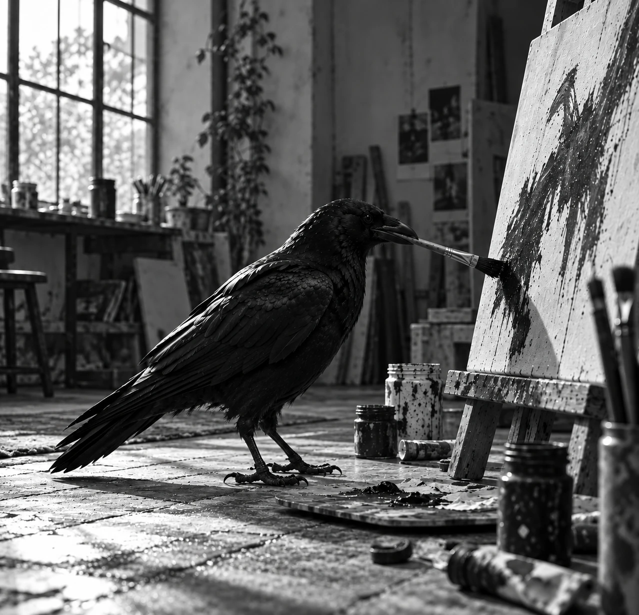 A raven holding a paintbrush in its beak, painting on a canvas in a sunlit studio